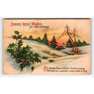 Vintage Christmas Postcard Winter Scene with Holly & Cottage